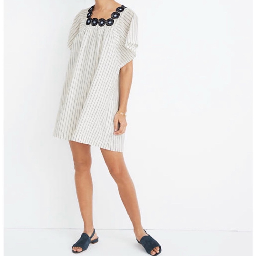 Madewell XS Embroidered Floral Striped Cotton Flare Sleeve ButterflyShift Dress